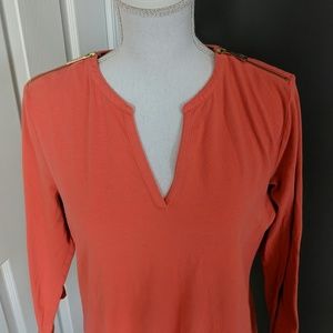 Orange Michael Kors 3/4 Sleeve Top w Gold Zippers